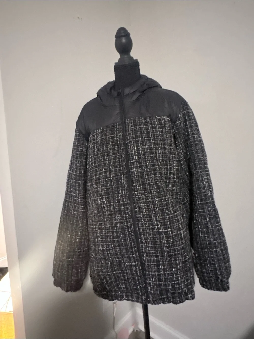 torrid Black & White Tweed Puffer Jacket with Hood